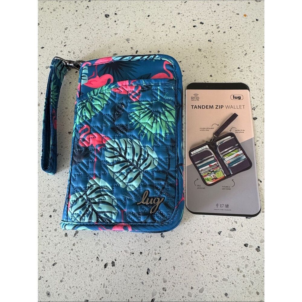 lug Tandem Zip SE RFID Wallet Passport Blue Tropical and Flamingo Print NWT